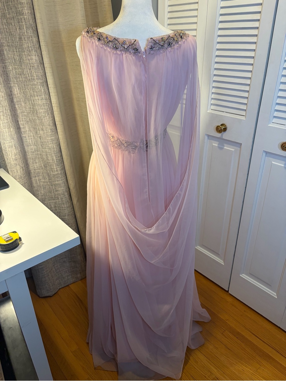 Union Made Vintage One-Shoulder Pale Pink Chiffon Gown with Beaded Embellishment - Picture 4 of 14